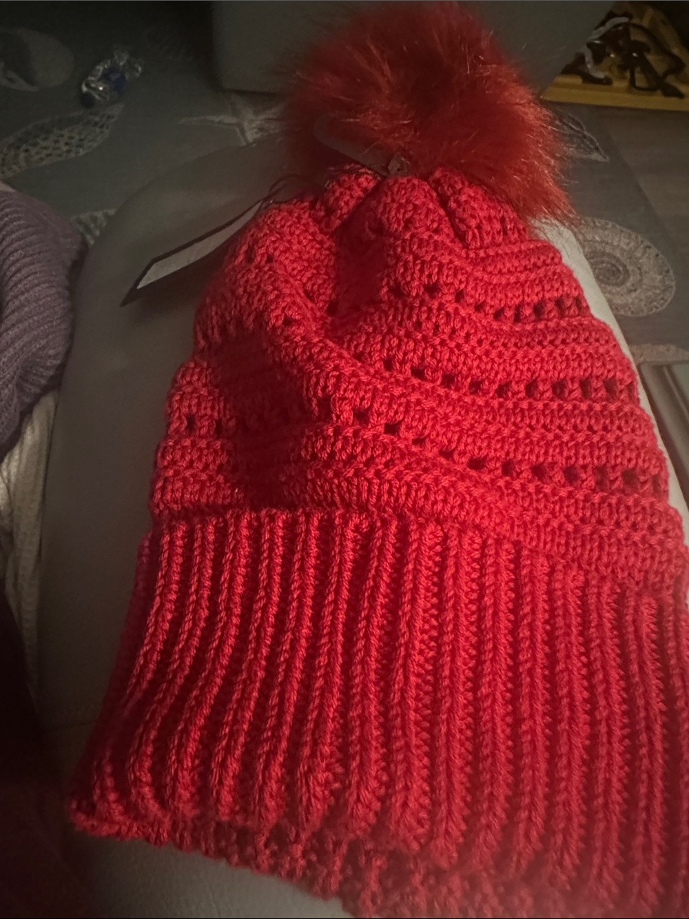 Women's Red Knit Pom Pom Beanie Hat